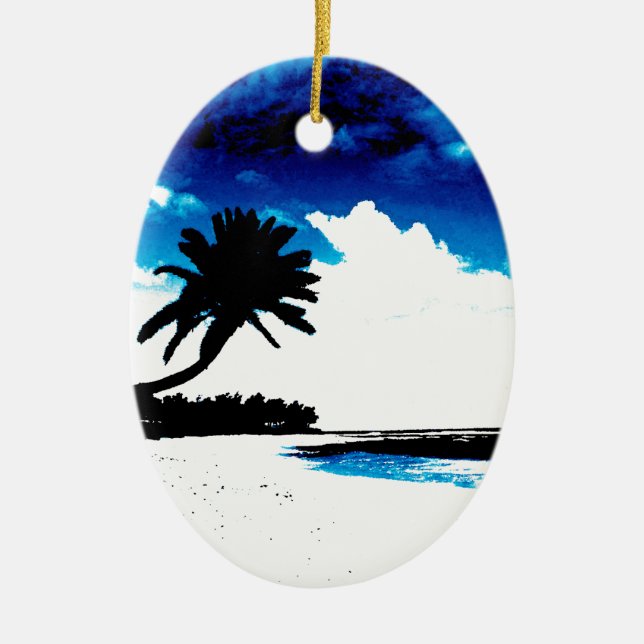 Blue Black White palm Tree Silhouette Ceramic Ornament (Front)