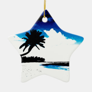 Blue Black White palm Tree Silhouette Ceramic Ornament