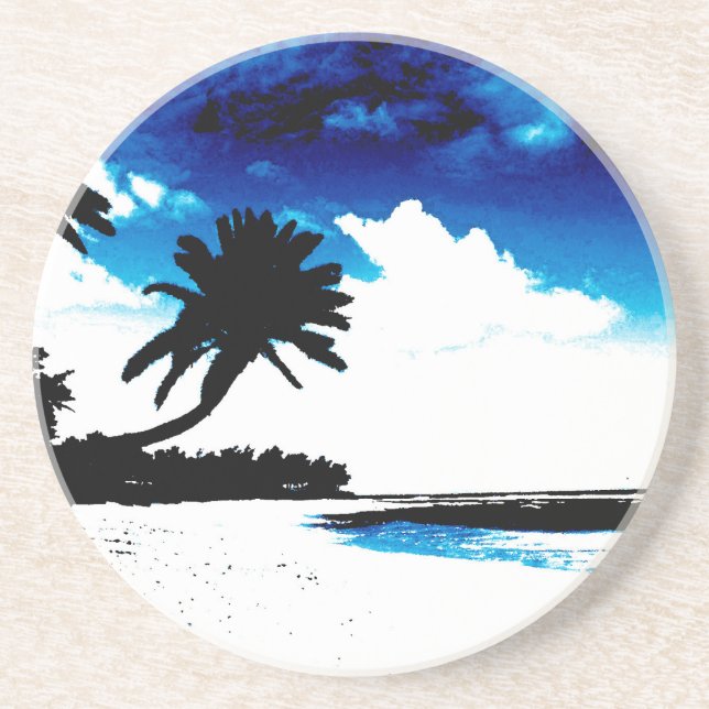 Blue Black White palm Tree Silhouette Coaster (Front)