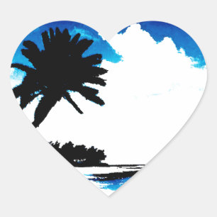 Blue Black White palm Tree Silhouette Heart Sticker