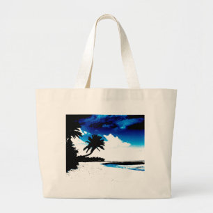 Blue Black White palm Tree Silhouette Large Tote Bag