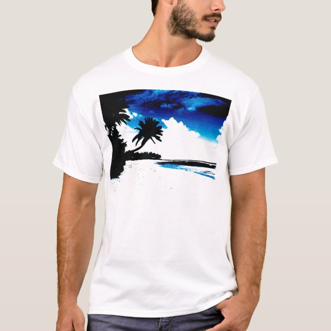 Blue Black White palm Tree Silhouette T-Shirt (Front)