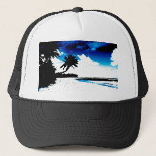 Blue Black White palm Tree Silhouette Trucker Hat