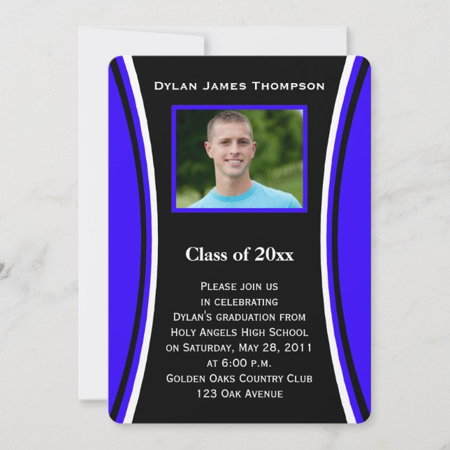 Blue, Black, White Photo Graduation Invitation (Front)