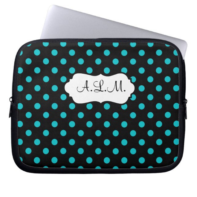 Blue, Black, White Polka Dots Laptop Sleeve (Front)