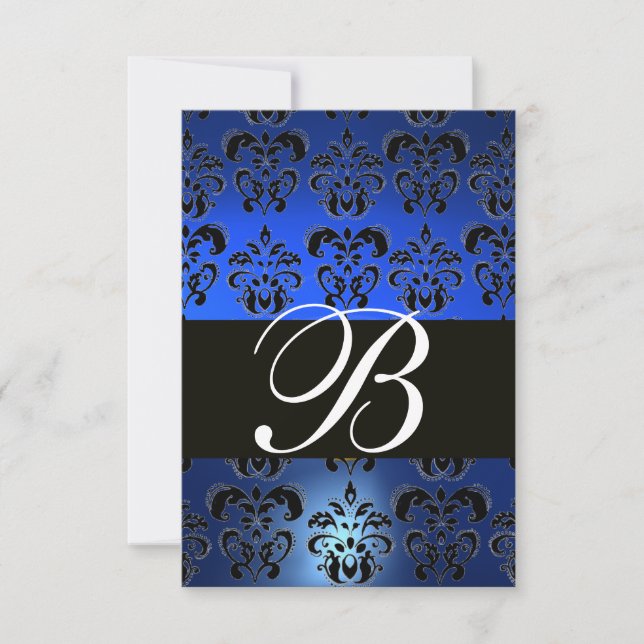 BLUE BLACK WHITE SAPPHIRE DAMASK MONOGRAM RSVP (Front)