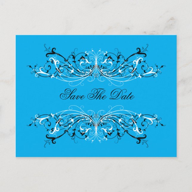 Blue Black White Swirls Save The Date Announcement Postcard (Front)