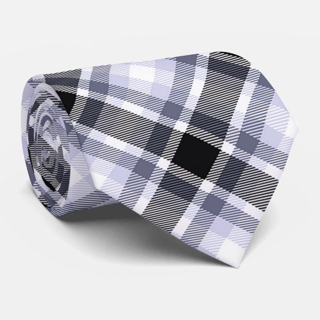 Blue, Black, White Tartan Plaid Pattern Tie (Rolled)