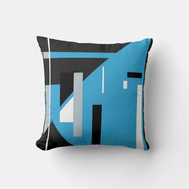 Blue Black White with Grey Geometric Abstract Art Throw Pillow (Front)