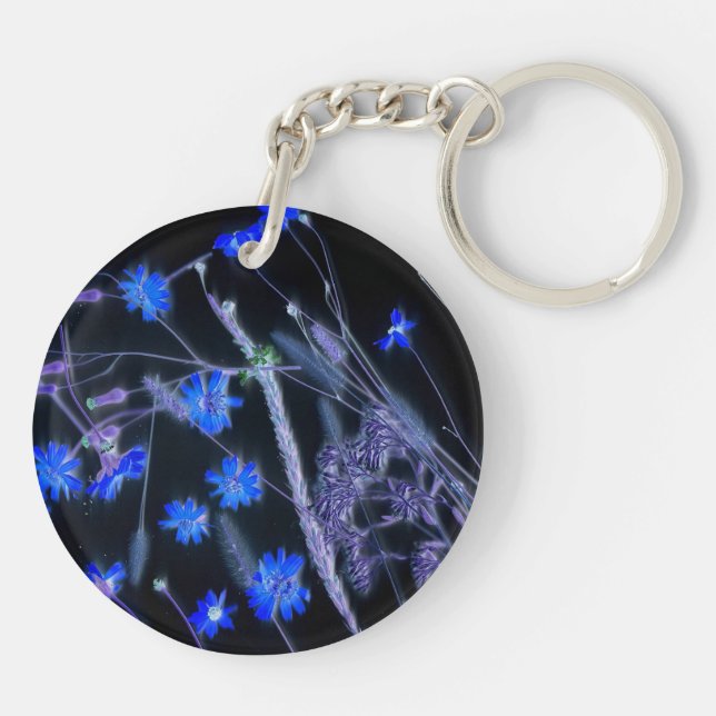 Blue Black wildflower scan design Keychain (Back)