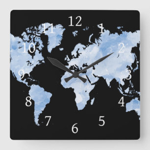 Blue Black World Map Design 75 Square Wall Clock