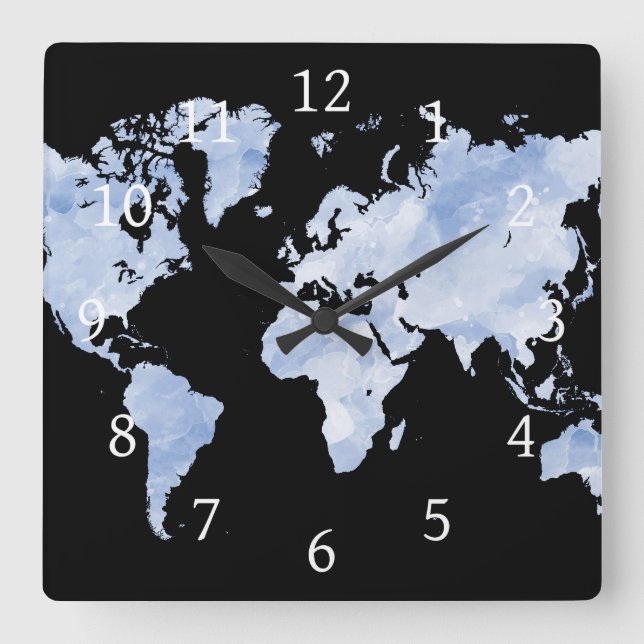 Blue Black World Map Design 75 Square Wall Clock (Front)