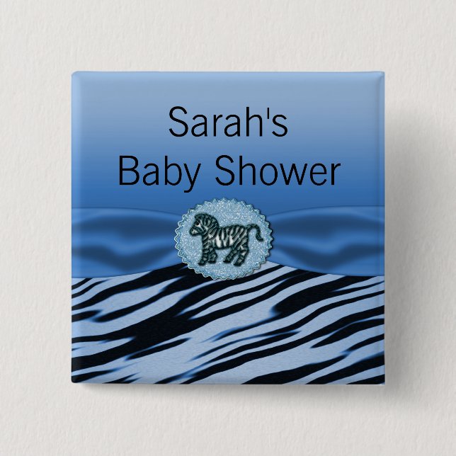 Blue & Black Zebra Glitter Baby Shower 2 Inch Square Button (Front)