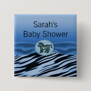 Blue & Black Zebra Glitter Baby Shower 2 Inch Square Button