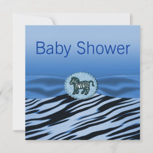 Blue & Black Zebra Glitter Baby Shower Invitation