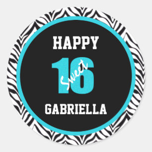 Blue & Black Zebra Personalized Sweet 16 Stickers