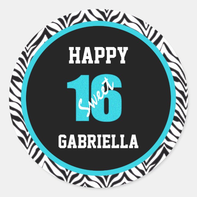 Blue & Black Zebra Personalized Sweet 16 Stickers (Front)