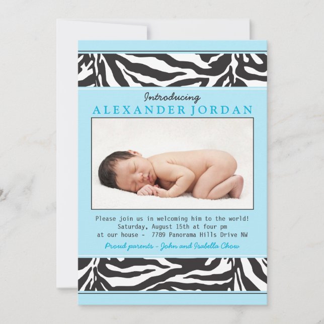 Blue Black Zebra Print Photo Sip N See Baby Shower Invitation (Front)