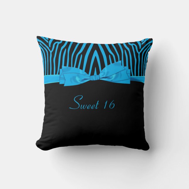 Blue Black Zebra Printed Bow Sweet 16 Throw Pillow (Front)