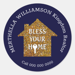 Blue BLESS YOUR HOME Real Estate Realtor Classic Round Sticker