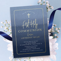 Blue Blessings First Communion Invitation