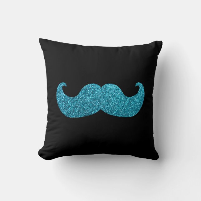 Blue Bling moustache  (Faux Glitter Graphic) Throw Pillow (Front)