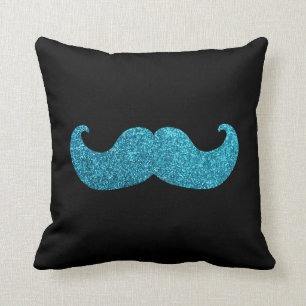 Blue Bling moustache  (Faux Glitter Graphic) Throw Pillow