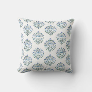 Blue Block Print Medallion, Sage Leaves Throw Pillow