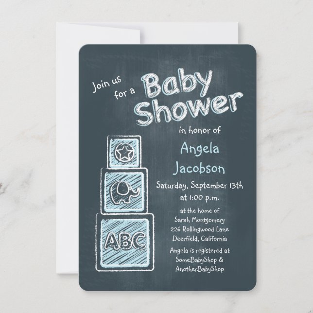 Blue Blocks Chalkboard Baby Shower Invitation (Front)