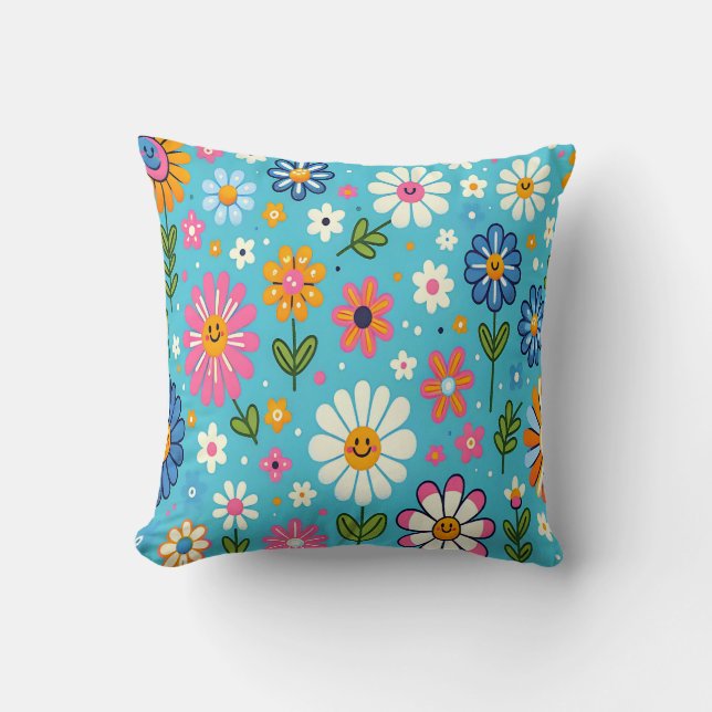 "Blue Bloom Bliss" Throw Pillow (Front)
