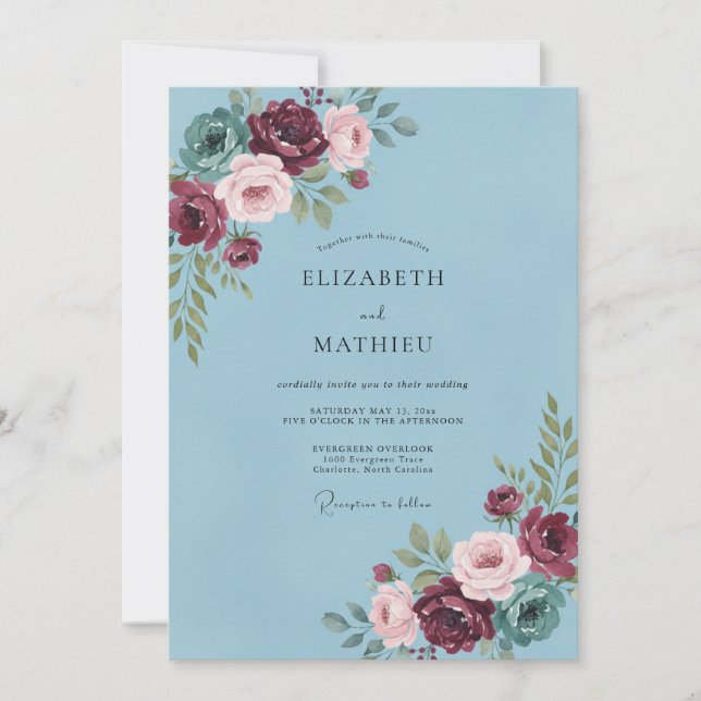 Blue Bloom Brushstroke Wedding Invitation (Front)