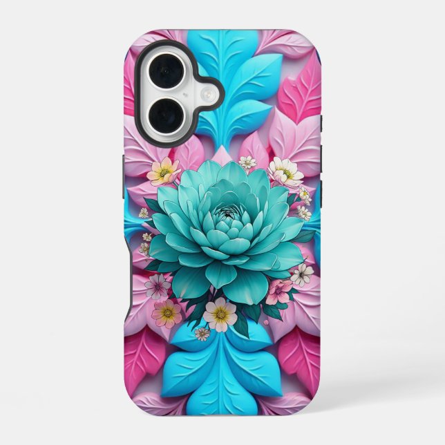 "Blue Bloom Harmony" iPhone 16 Case (Back)