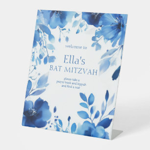 Blue Blooms Watercolor BAT MITZVAH CUSTOM Pedestal Sign