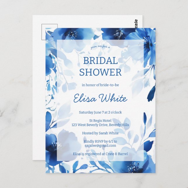 Blue Blooms Watercolor Bridal Shower CUSTOM  Postcard (Front/Back)