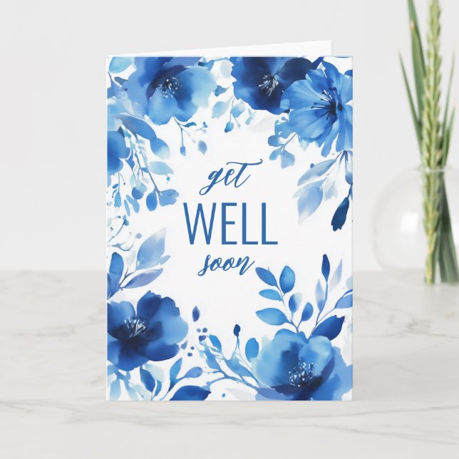 Blue Blooms Watercolor GET WELL SOON CUSTOM  Card (Front)