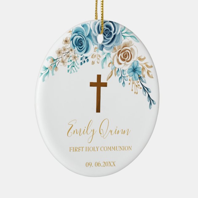 Blue Blossom Communion Chalice  Keepsake Ornament" Ceramic Ornament (Right)