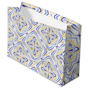 Blue Blossom Elegant Mediterranean Floral Mosaic  Large Gift Bag