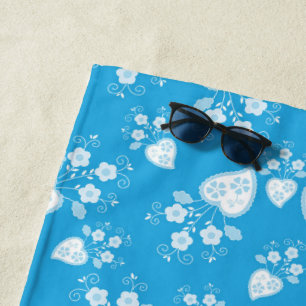 Blue blossom heart with flowers pattern beach towel