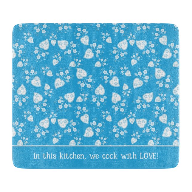 Blue blossom heart with flowers pattern cutting board (Front)