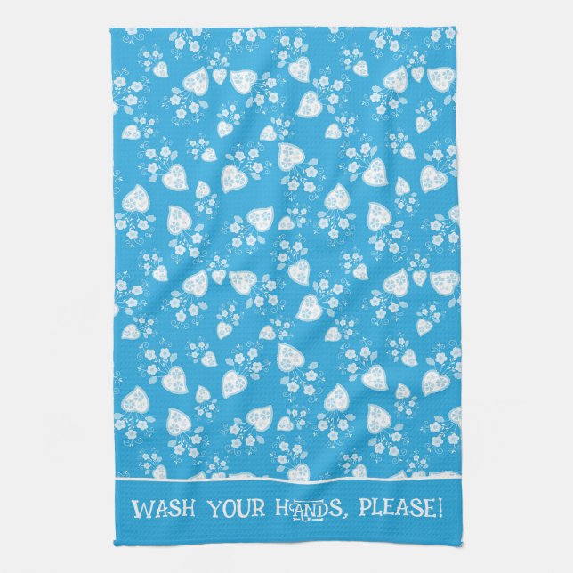 Blue blossom heart with flowers pattern kitchen towel (Vertical)