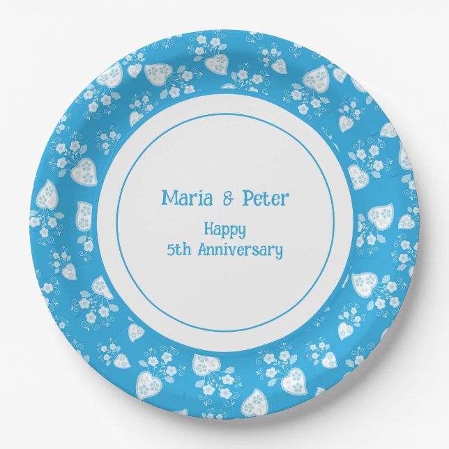 Blue blossom heart with flowers pattern paper plate (Front)
