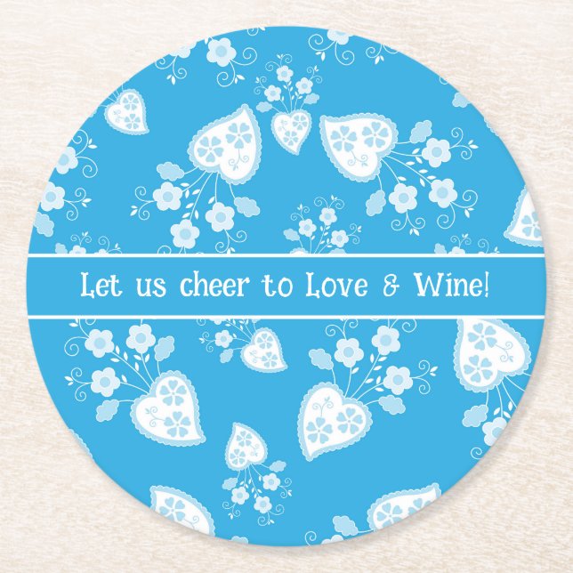 Blue blossom heart with flowers pattern round paper coaster (Front)