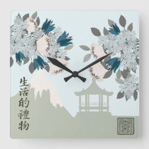 Blue blossom roses Oriental floral landscape art Square Wall Clock