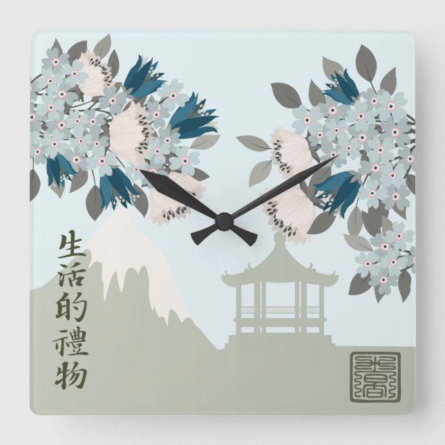 Blue blossom roses Oriental floral landscape art Square Wall Clock (Front)
