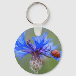 Blue Blossoms Ladybug Peace Love Destiny Art Vine Keychain