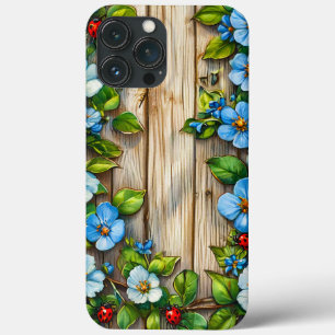 Blue Blossoms & Ladybugs Design Rustic Wood Nature iPhone 13 Pro Max Case