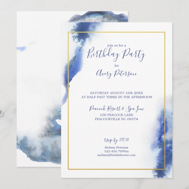 Blue Blue Ombre Gold Frame Unisex Birthday Invitation (Front/Back)