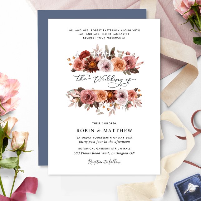 Blue, Blush and Burgundy Floral Blooms Wedding Invitation (Creator Uploaded)