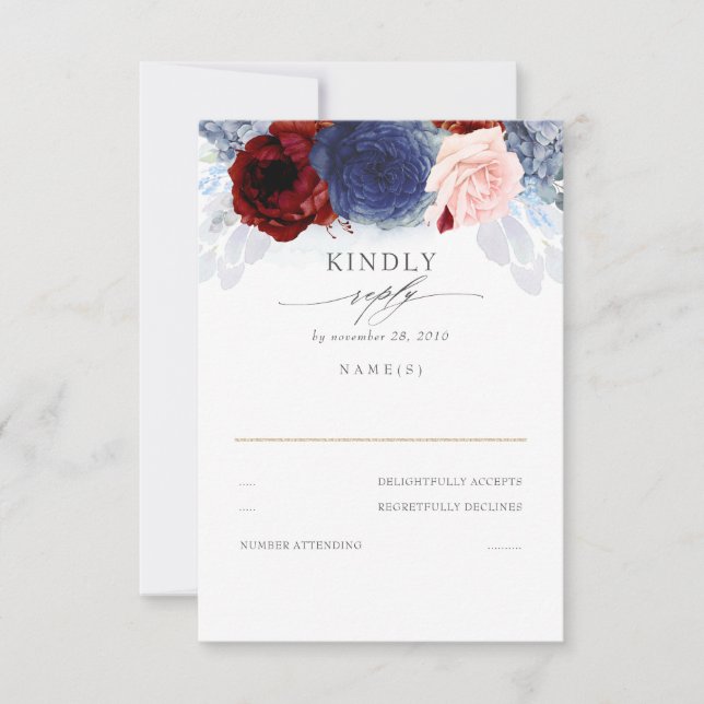 Blue Blush and Burgundy Red Wedding RSVP Card (Front)