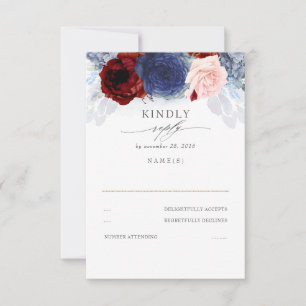 Blue Blush and Burgundy Red Wedding RSVP Card
